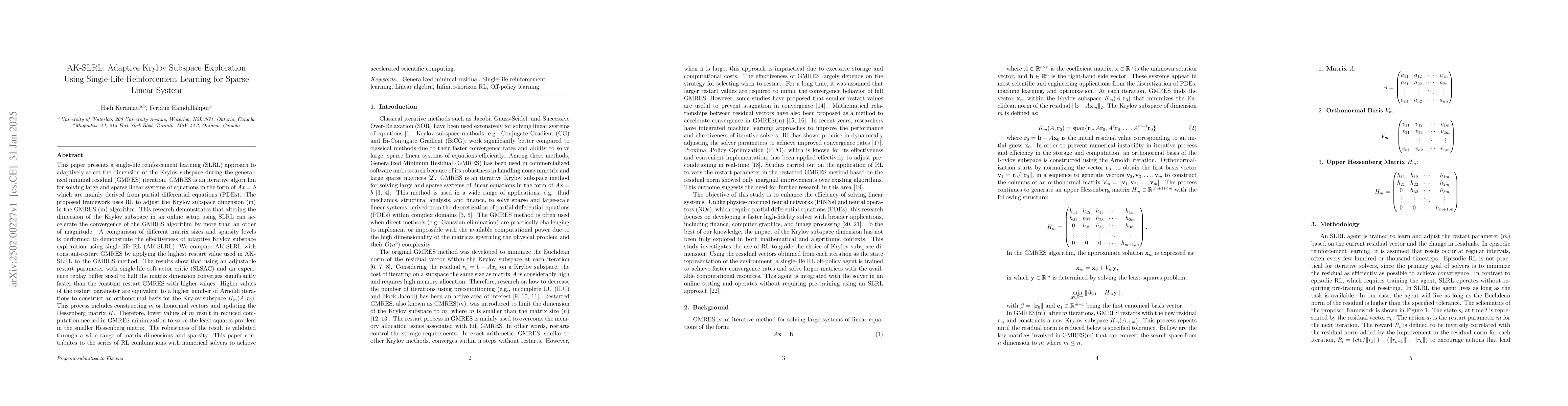 Thumbnail for AK-SLRL: Adaptive Krylov Subspace Exploration Using Single-Life
  Reinforcement Learning for Sparse Linear System
