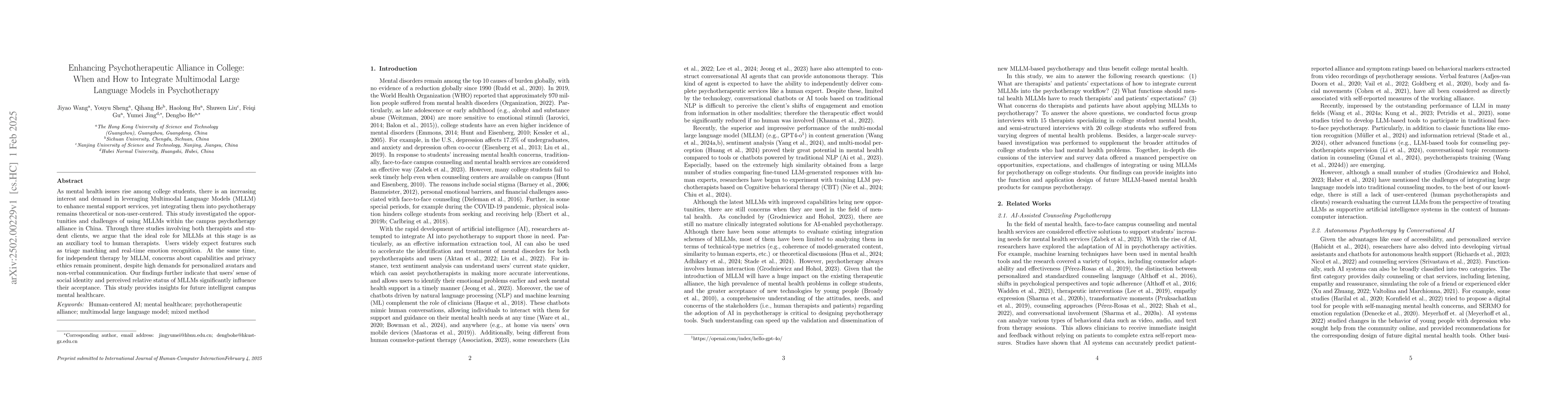 Thumbnail for Enhancing Psychotherapeutic Alliance in College: When and How to
  Integrate Multimodal Large Language Models in Psychotherapy