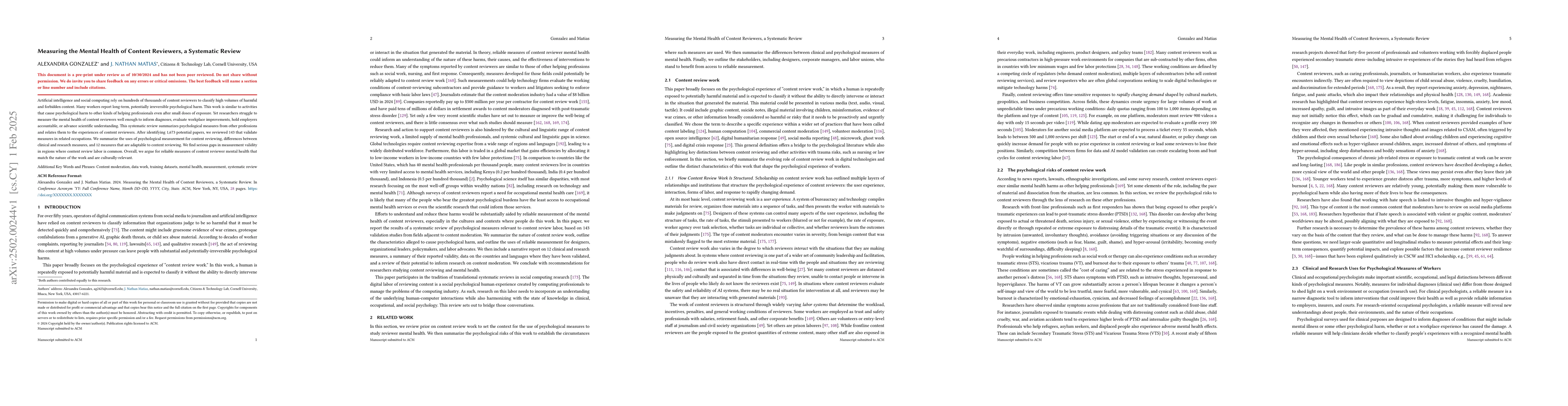 Thumbnail for Measuring the Mental Health of Content Reviewers, a Systematic Review