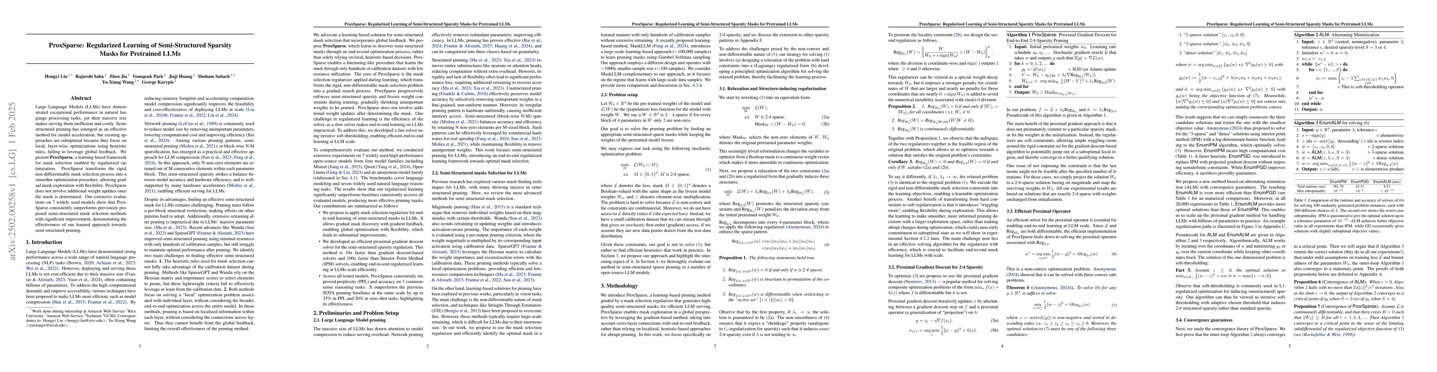 Thumbnail for ProxSparse: Regularized Learning of Semi-Structured Sparsity Masks for
  Pretrained LLMs