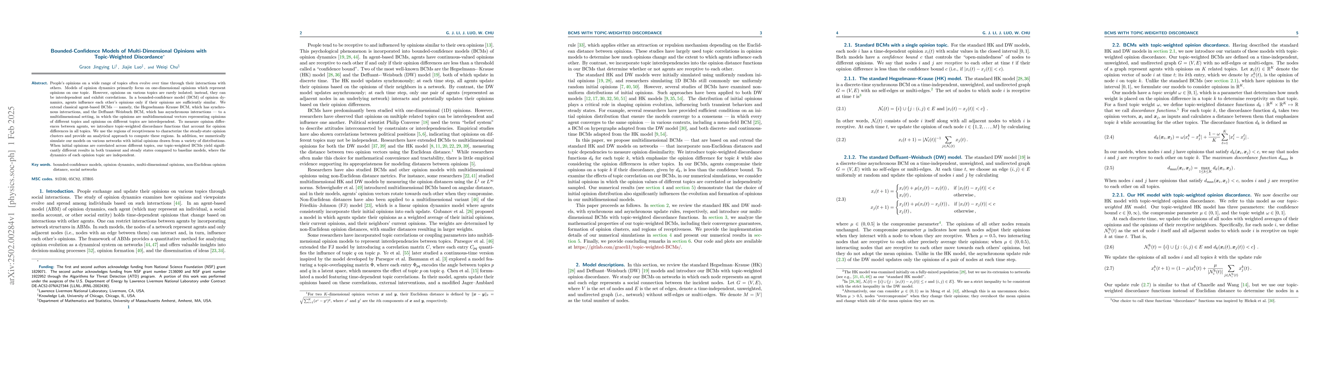 Thumbnail for Bounded-Confidence Models of Multi-Dimensional Opinions with
  Topic-Weighted Discordance