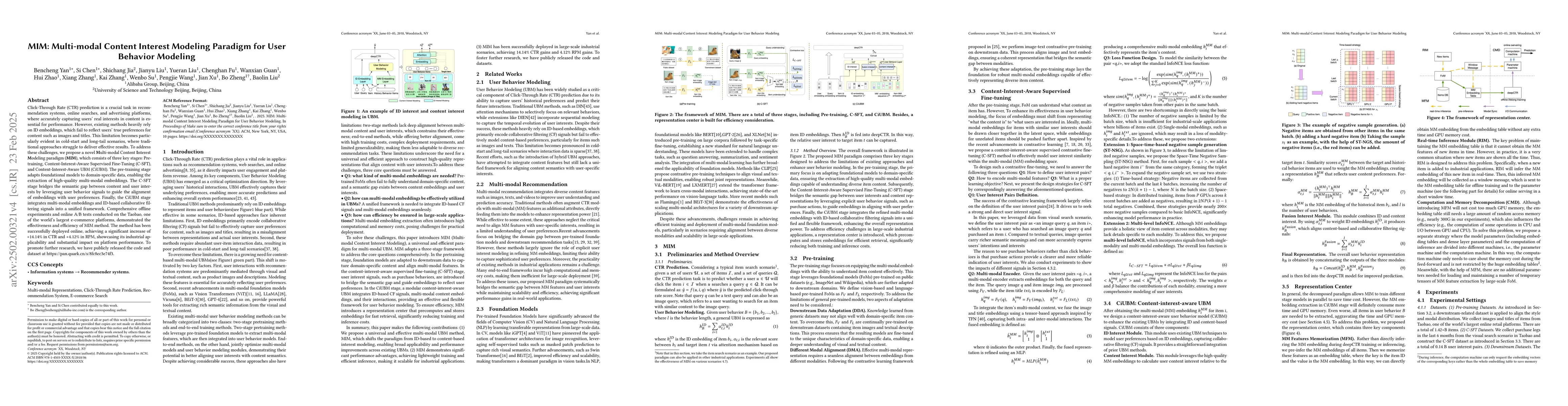 Thumbnail for MIM: Multi-modal Content Interest Modeling Paradigm for User Behavior
  Modeling