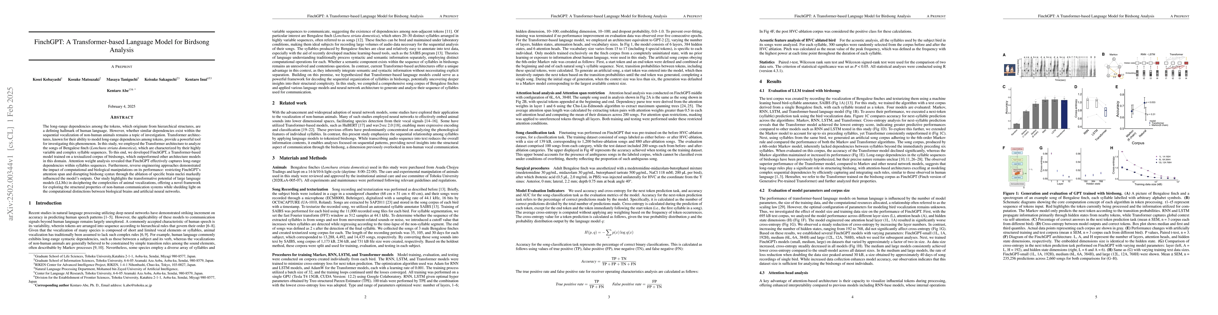 Thumbnail for FinchGPT: a Transformer based language model for birdsong analysis