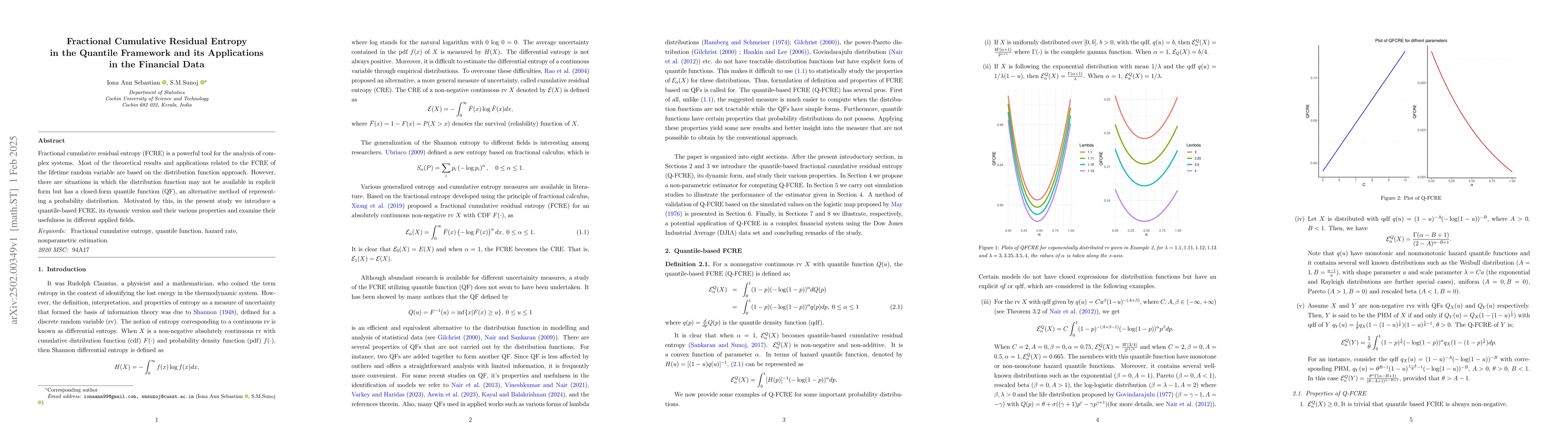 Thumbnail for Fractional Cumulative Residual Entropy in the Quantile Framework and its
  Applications in the Financial Data