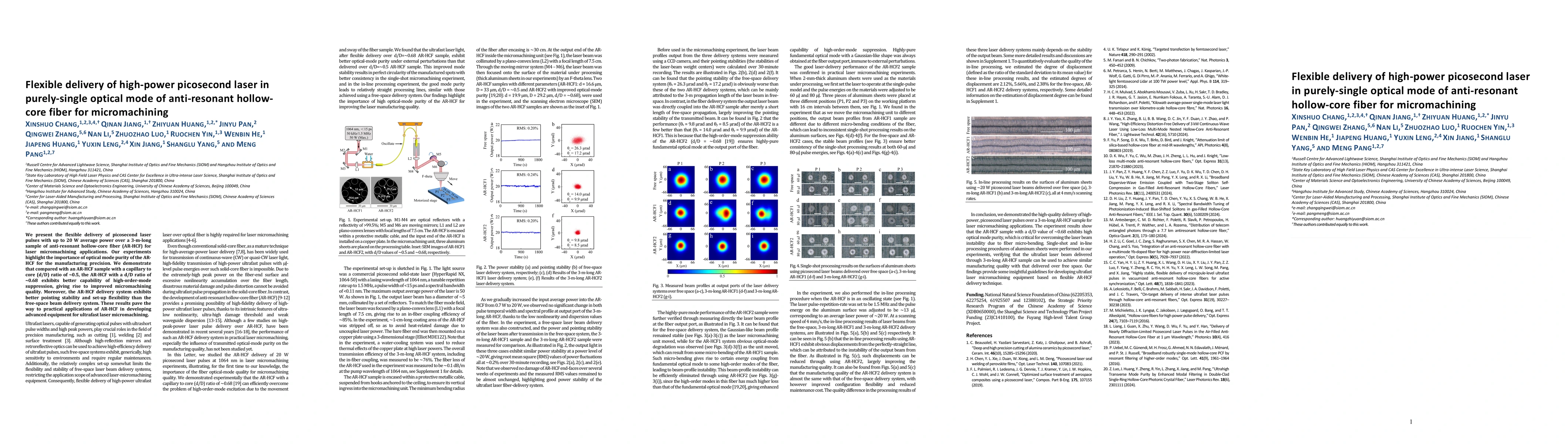 Thumbnail for Flexible delivery of high-power picosecond laser in purely-single
  optical mode of anti-resonant hollow-core fiber for micromachining