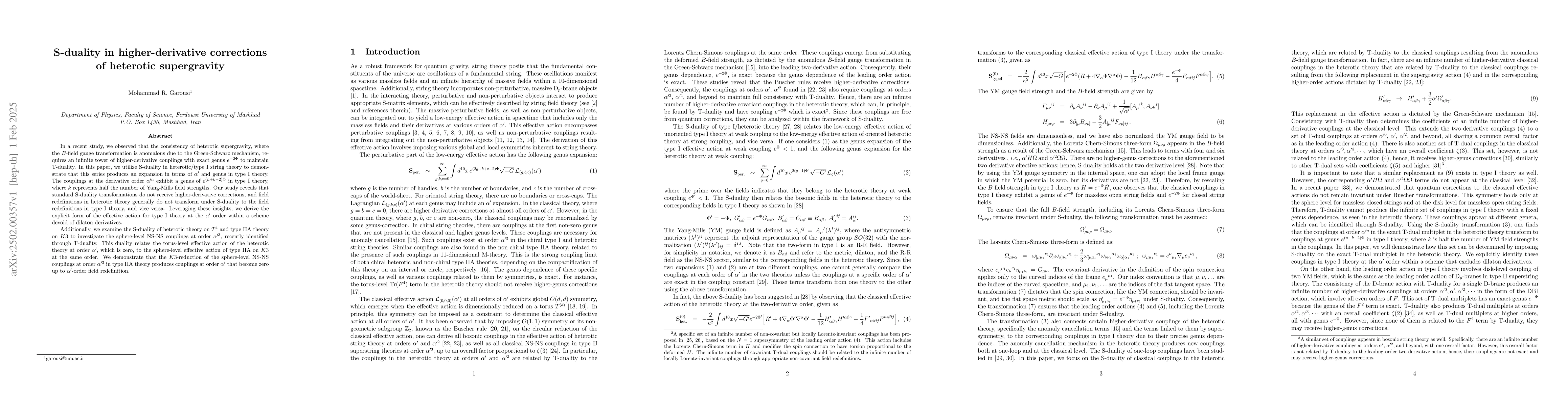 Thumbnail for S-duality in higher-derivative corrections of heterotic supergravity