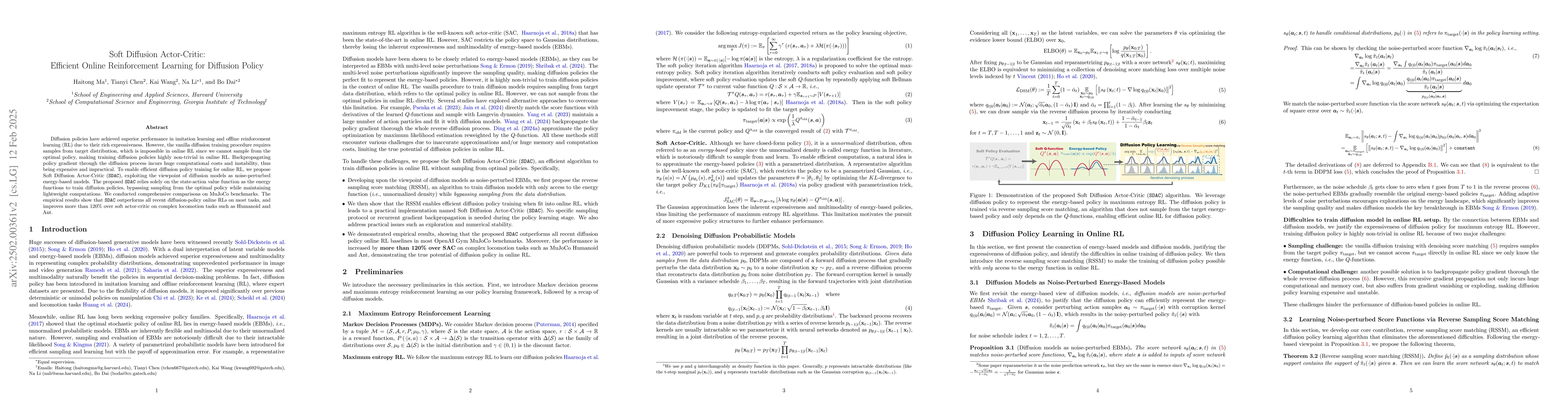 Thumbnail for Soft Diffusion Actor-Critic: Efficient Online Reinforcement Learning for
  Diffusion Policy