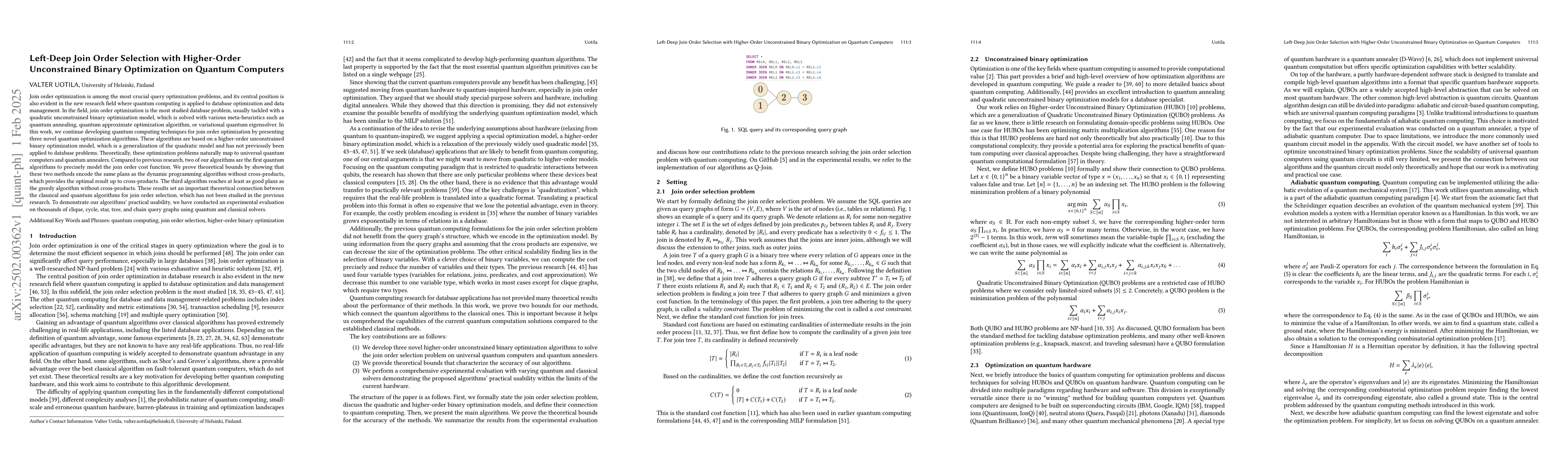 Thumbnail for Left-Deep Join Order Selection with Higher-Order Unconstrained Binary
  Optimization on Quantum Computers
