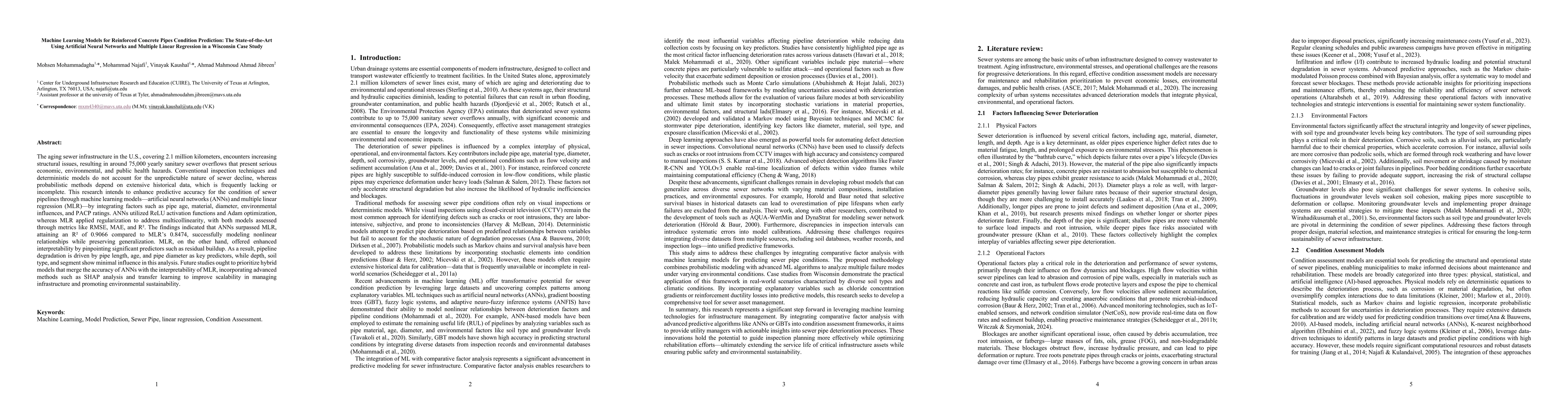 Thumbnail for Machine Learning Models for Reinforced Concrete Pipes Condition
  Prediction: The State-of-the-Art Using Artificial Neural Networks and
  Multiple Linear Regression in a Wisconsin Case Study