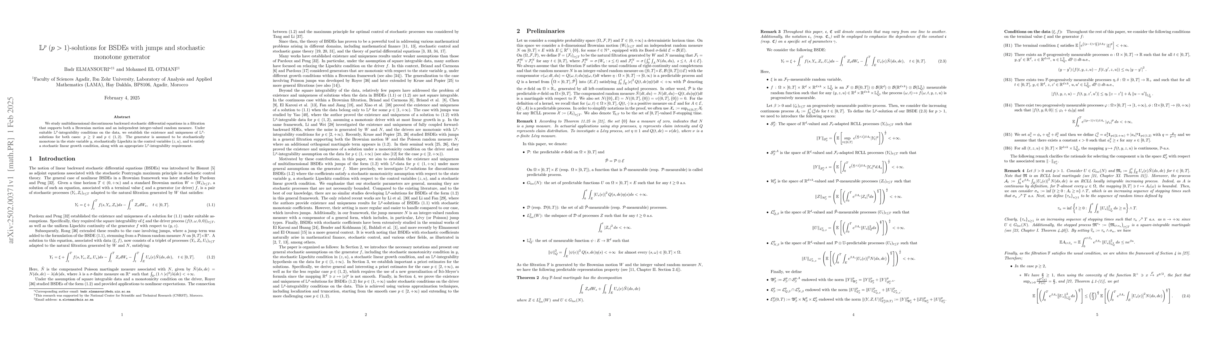 Thumbnail for $\mathbb{L}^p$ $(p>1)$-solutions for BSDEs with jumps and stochastic
  monotone generator