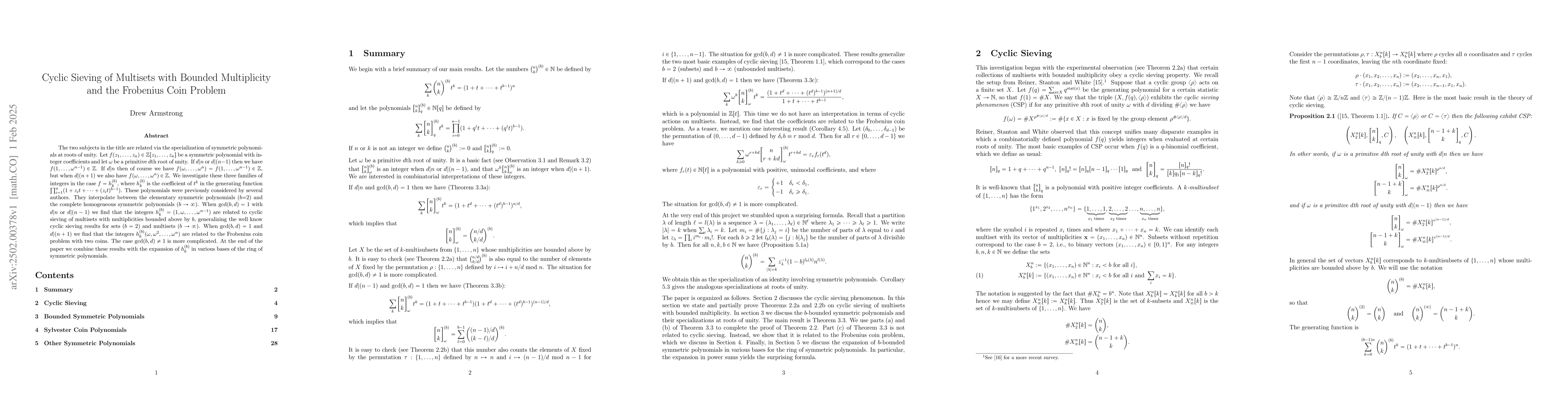 Thumbnail for Cyclic Sieving of Multisets with Bounded Multiplicity and the Frobenius
  Coin Problem