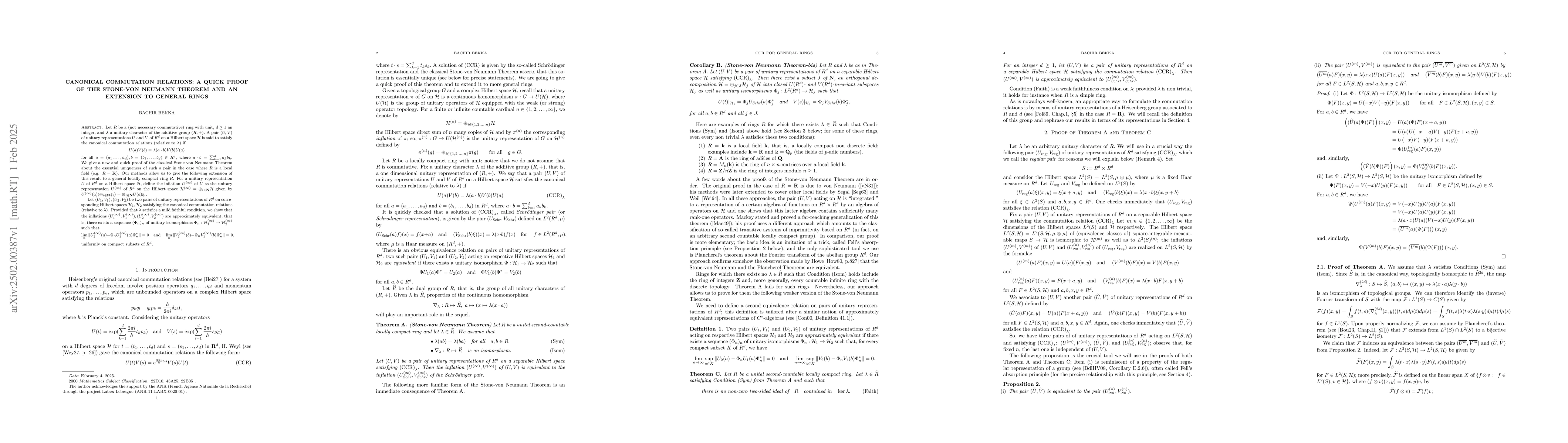 Thumbnail for Canonical Commutation Relations: A quick proof of the Stone-von Neumann
  theorem and an extension to general rings