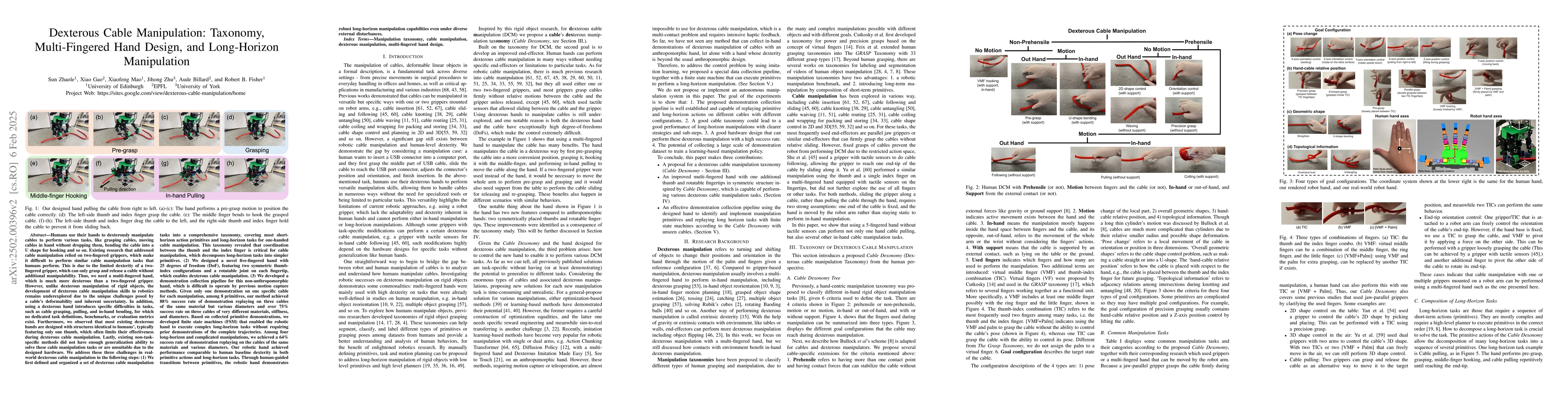 Thumbnail for Dexterous Cable Manipulation: Taxonomy, Multi-Fingered Hand Design, and
  Long-Horizon Manipulation