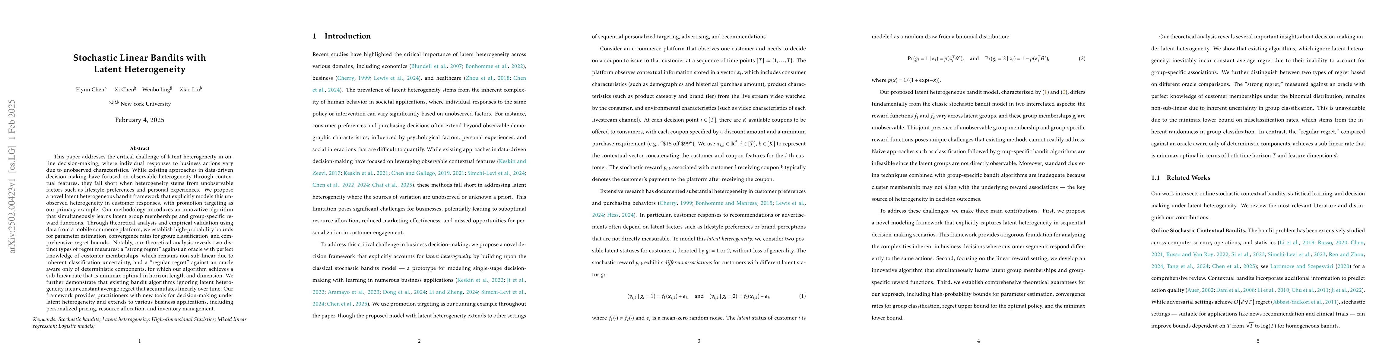 Thumbnail for Stochastic Linear Bandits with Latent Heterogeneity