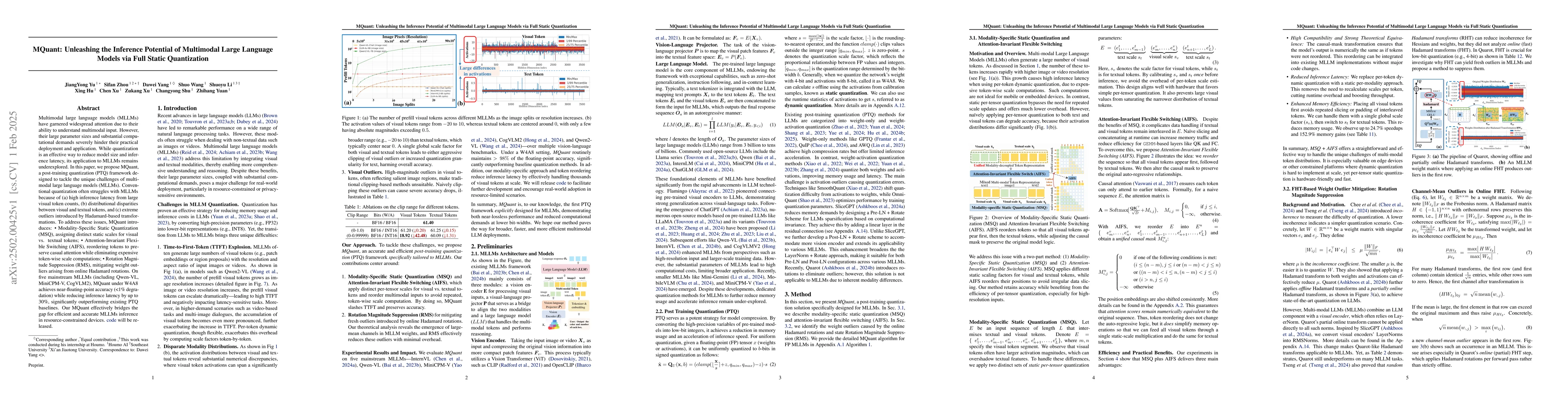 Thumbnail for MQuant: Unleashing the Inference Potential of Multimodal Large Language
  Models via Full Static Quantization