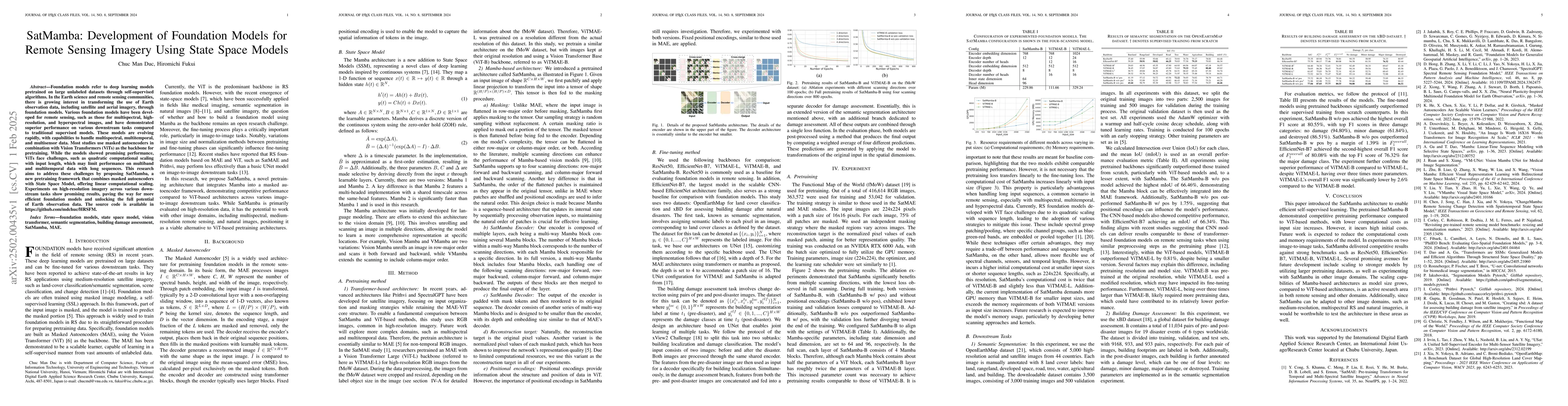 Thumbnail for SatMamba: Development of Foundation Models for Remote Sensing Imagery
  Using State Space Models