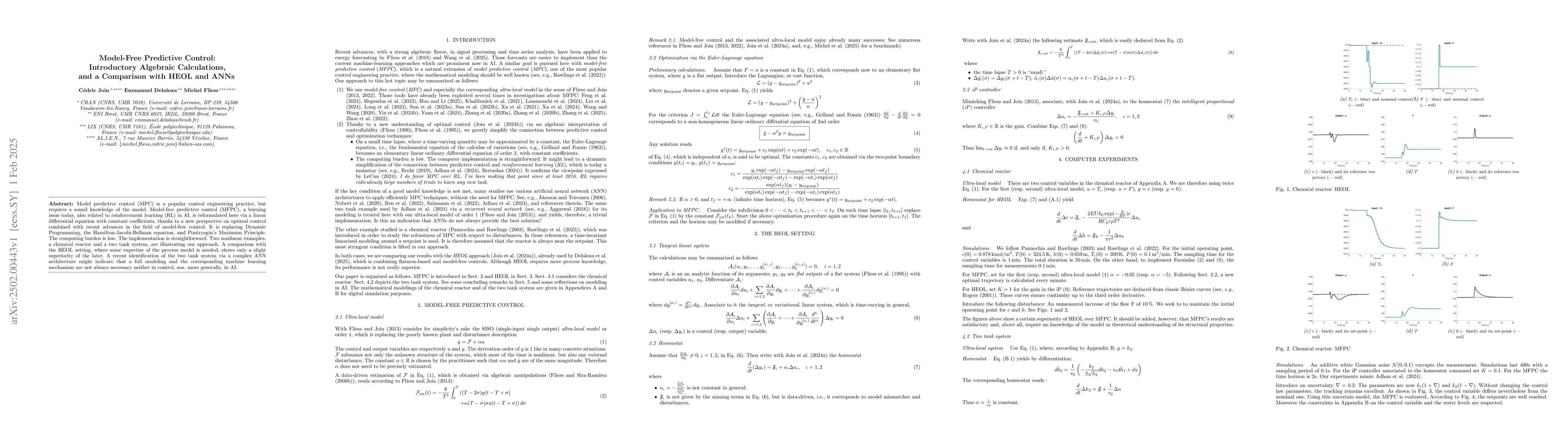 Thumbnail for Model-Free Predictive Control: Introductory Algebraic Calculations, and
  a Comparison with HEOL and ANNs