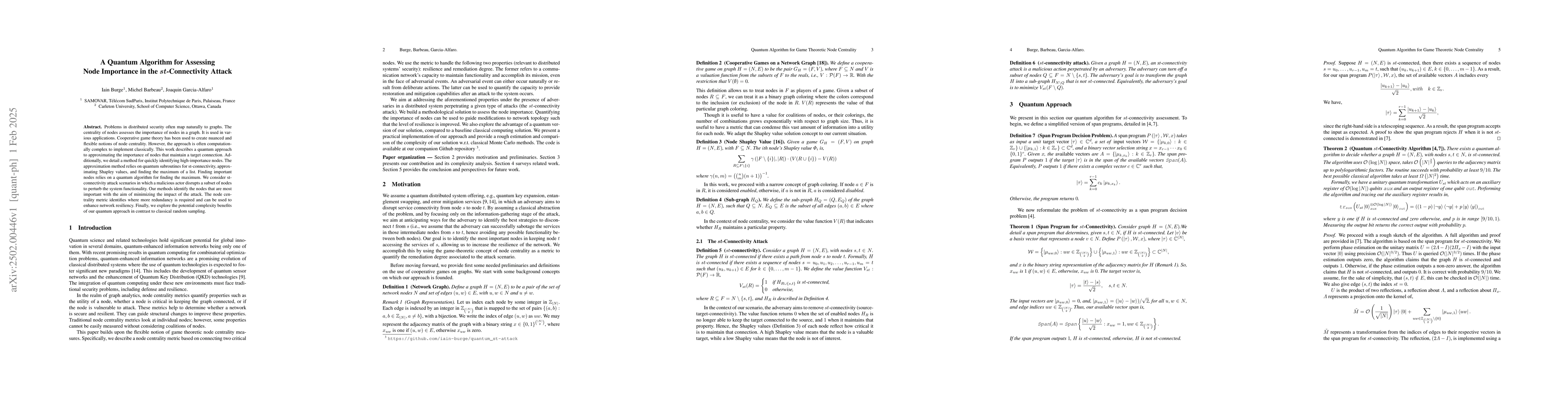 Thumbnail for A Quantum Algorithm for Assessing Node Importance in the st-Connectivity
  Attack