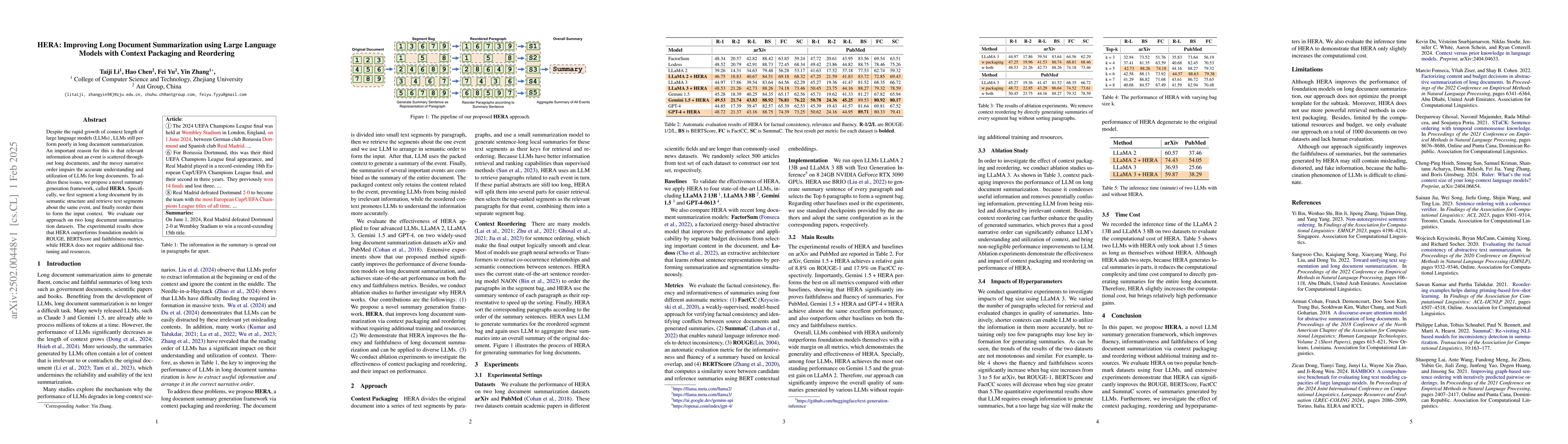 Thumbnail for HERA: Improving Long Document Summarization using Large Language Models
  with Context Packaging and Reordering