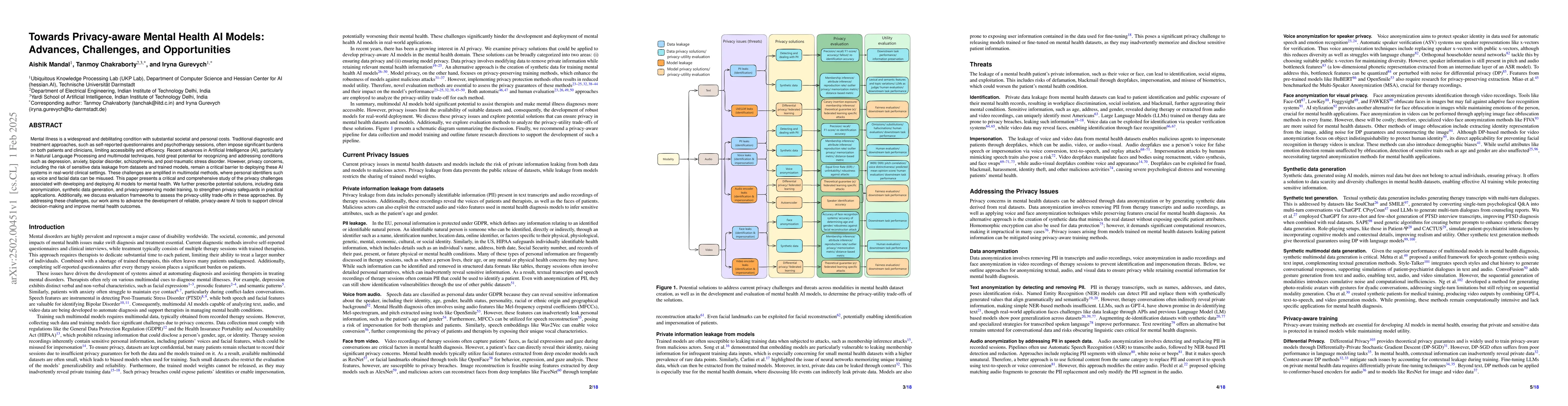 Thumbnail for Towards Privacy-aware Mental Health AI Models: Advances, Challenges, and
  Opportunities
