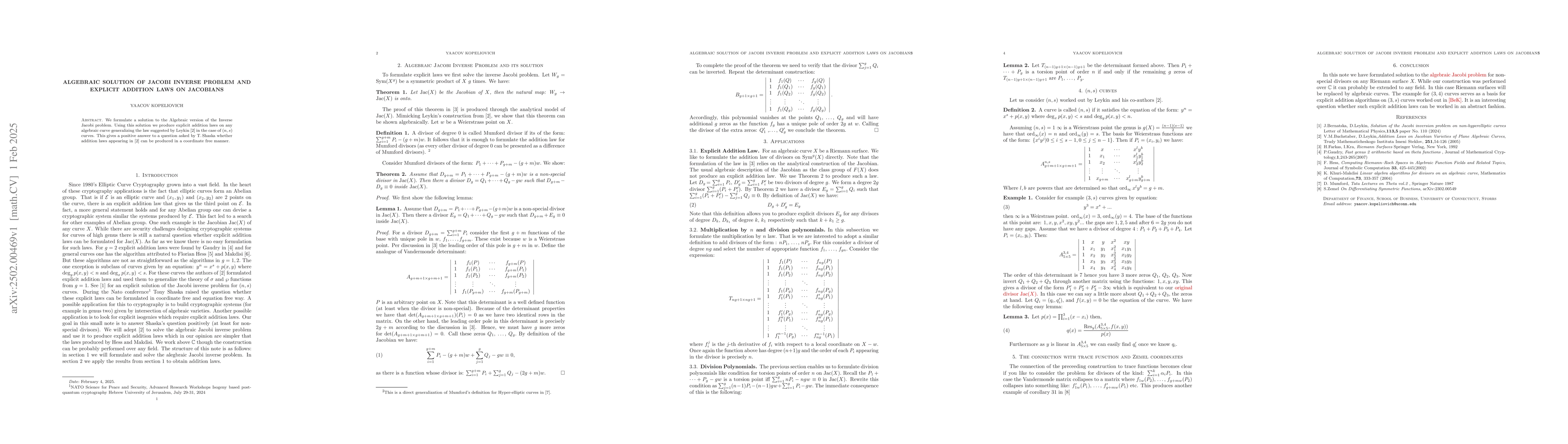 Thumbnail for Algebraic solution of the Jacobi inverse problem and explicit addition
  laws