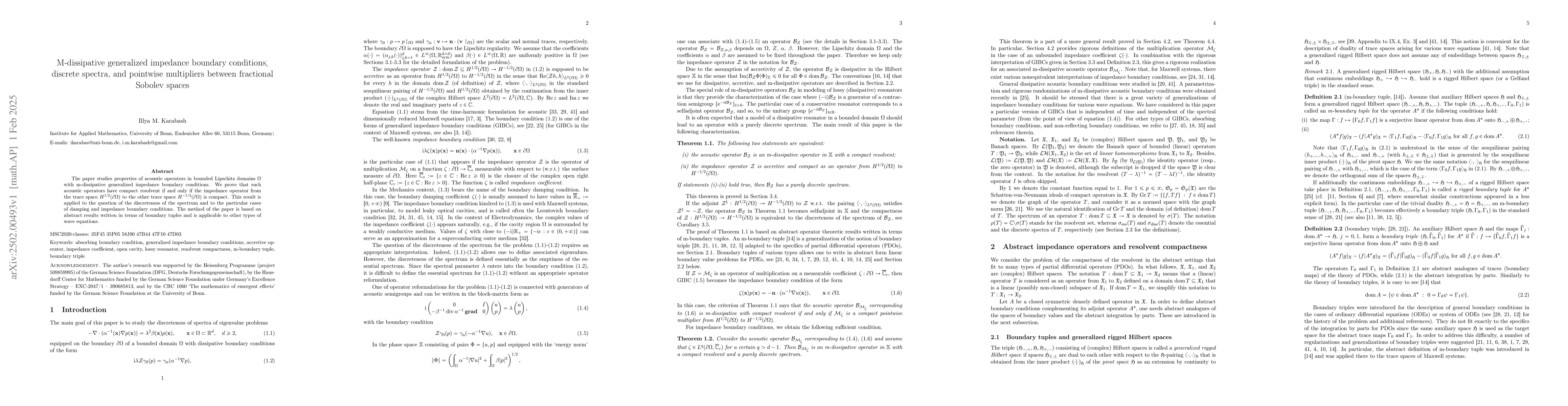 Thumbnail for M-dissipative generalized impedance boundary conditions, discrete
  spectra, and pointwise multipliers between fractional Sobolev spaces