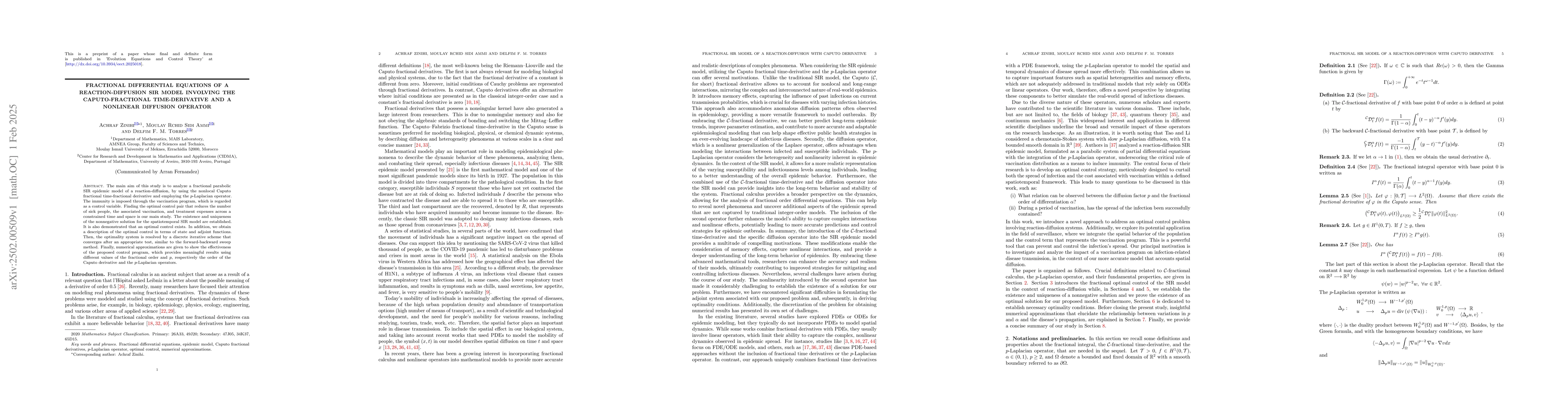 Thumbnail for Fractional differential equations of a reaction-diffusion SIR model
  involving the Caputo-fractional time-derivative and a nonlinear diffusion
  operator