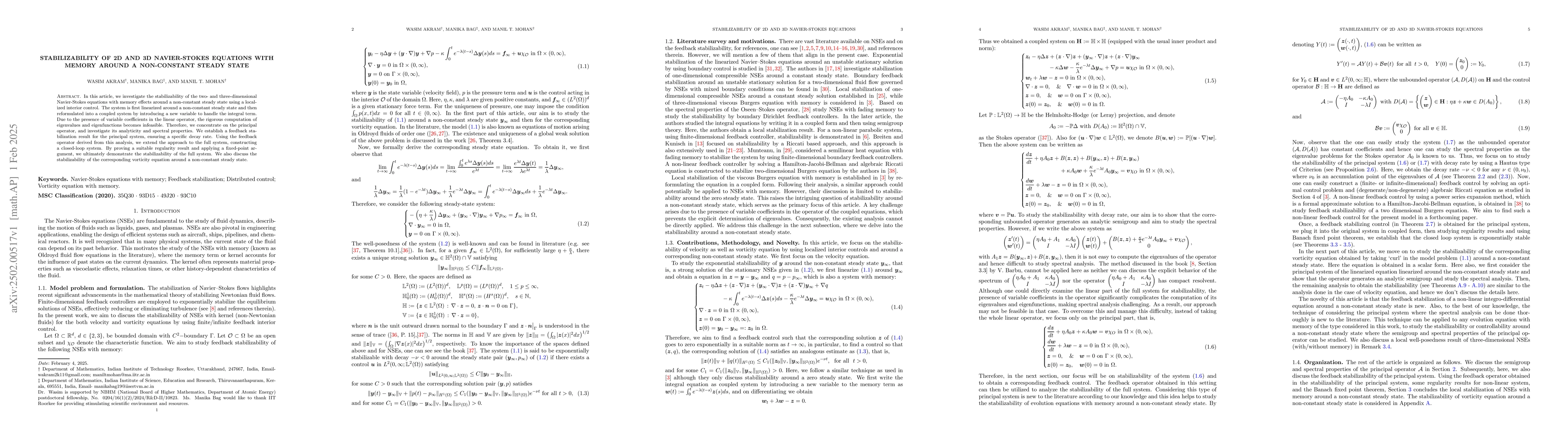 Thumbnail for Stabilizability of 2D and 3D Navier-Stokes equations with memory around
  a non-constant steady state