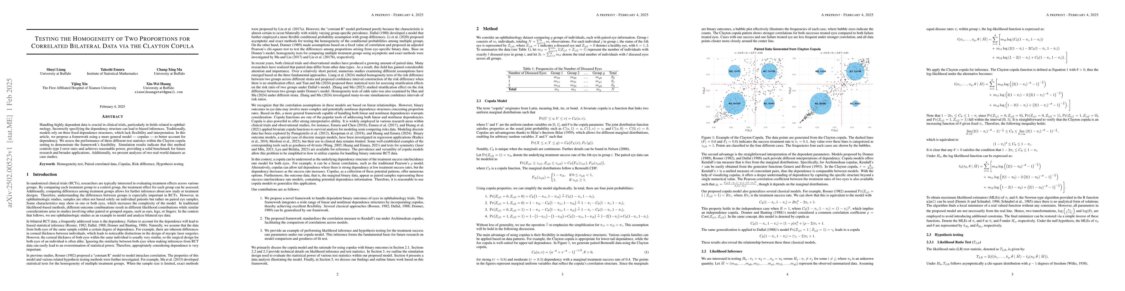 Thumbnail for Testing the Homogeneity of Two Proportions for Correlated Bilateral Data
  via the Clayton Copula