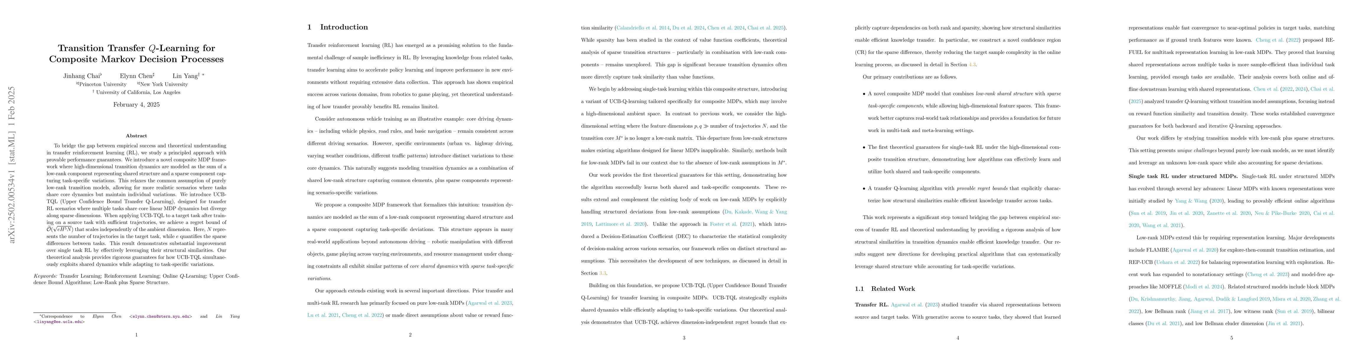 Thumbnail for Transition Transfer $Q$-Learning for Composite Markov Decision Processes