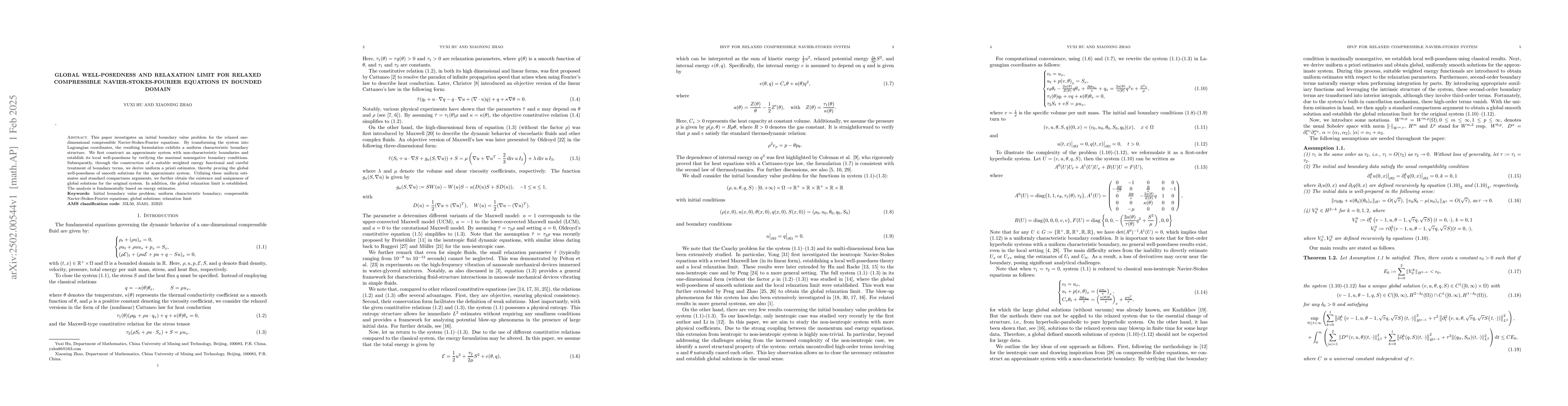 Thumbnail for Global well-posedness and relaxation limit for relaxed compressible
  Navier-Stokes-Fourier equations in bounded domain