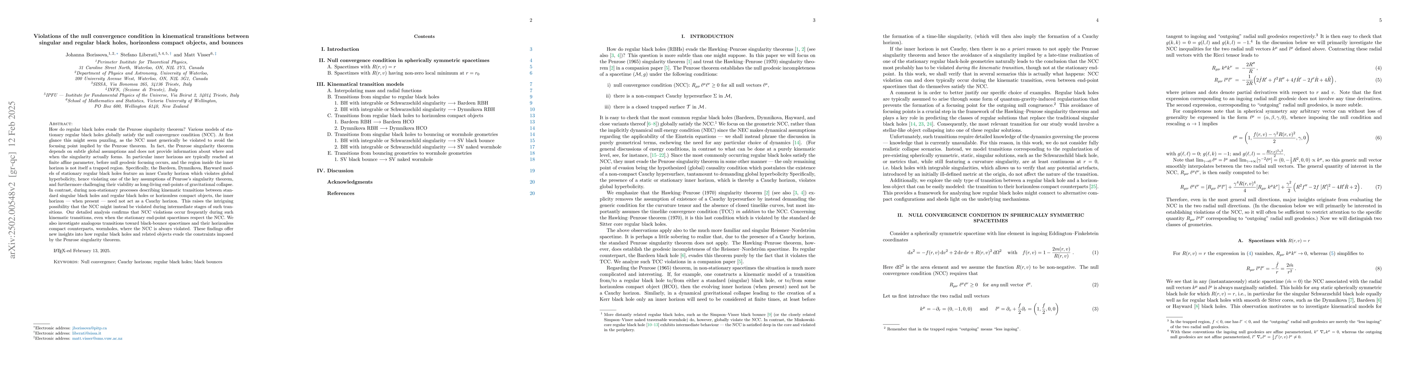 Thumbnail for Violations of the null convergence condition in kinematical transitions
  between singular and regular black holes, horizonless compact objects, and
  bounces