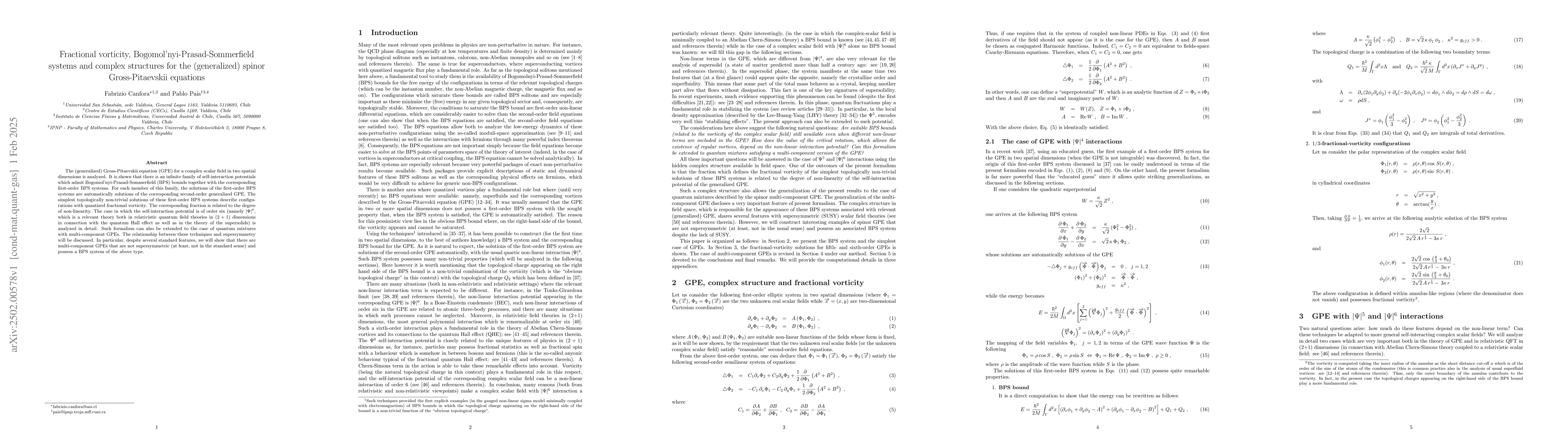 Thumbnail for Fractional vorticity, Bogomol'nyi-Prasad-Sommerfield systems and complex
  structures for the (generalized) spinor Gross-Pitaevskii equations