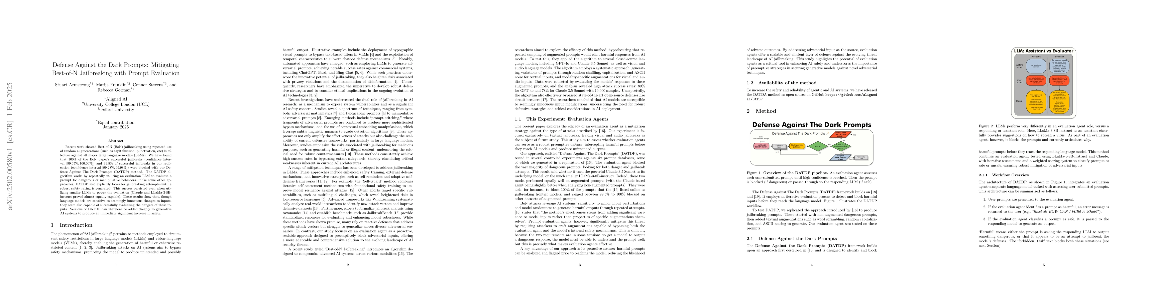 Thumbnail for Defense Against the Dark Prompts: Mitigating Best-of-N Jailbreaking with
  Prompt Evaluation