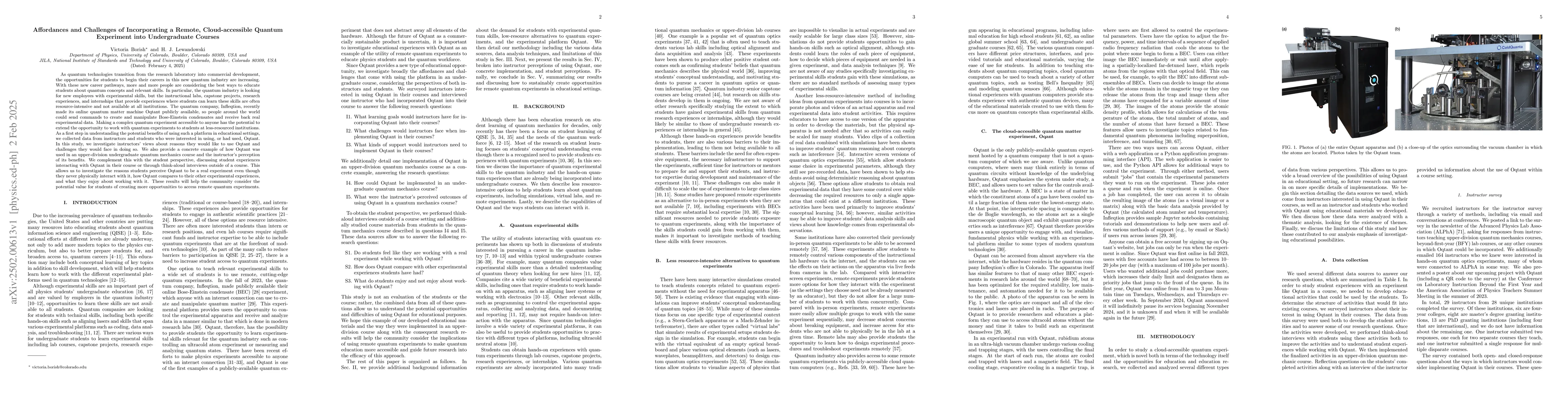 Thumbnail for Affordances and Challenges of Incorporating a Remote, Cloud-accessible
  Quantum Experiment into Undergraduate Courses