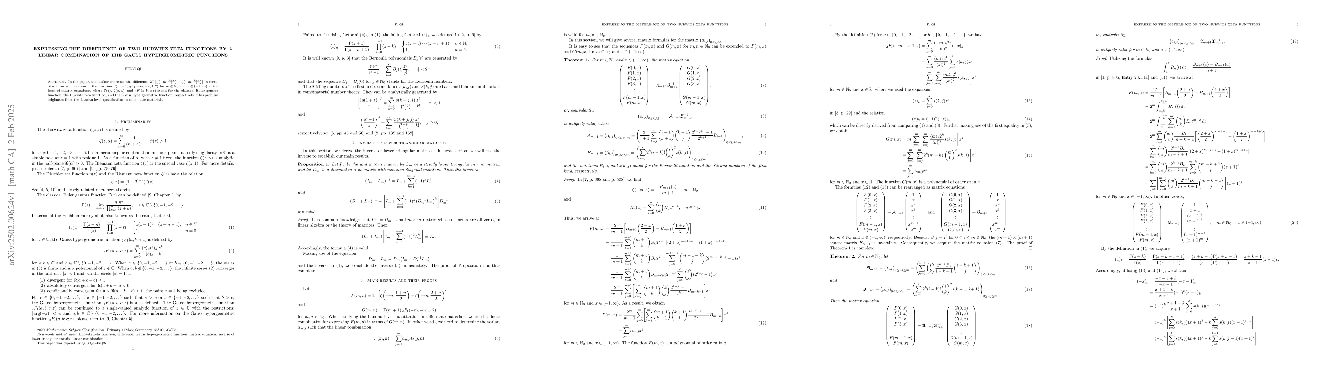 Thumbnail for Expressing the difference of two Hurwitz zeta functions by a linear
  combination of the Gauss hypergeometric functions