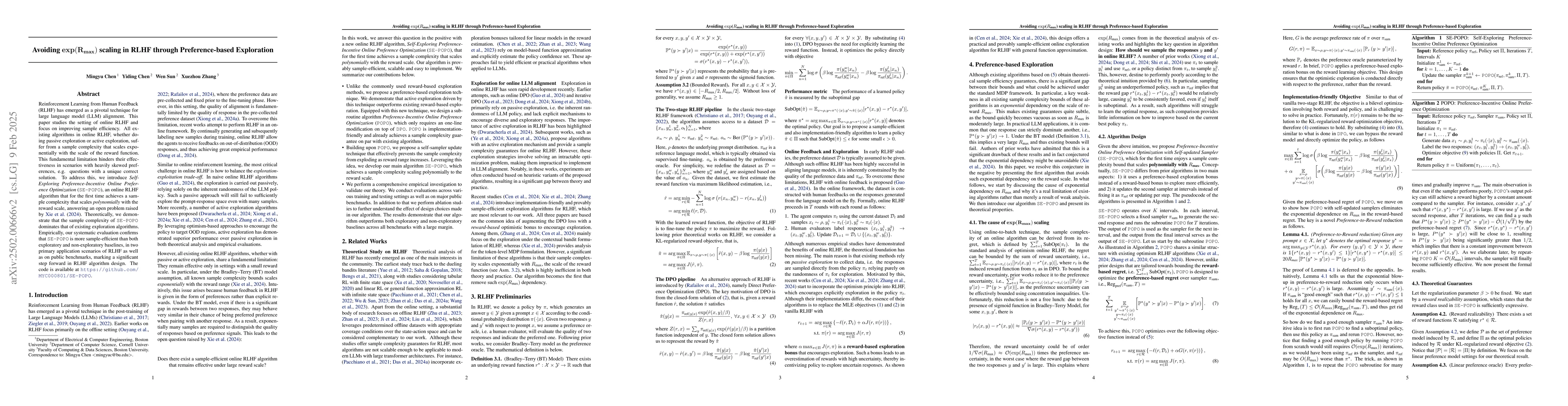Thumbnail for Avoiding $\mathbf{exp(R_{max})}$ scaling in RLHF through
  Preference-based Exploration