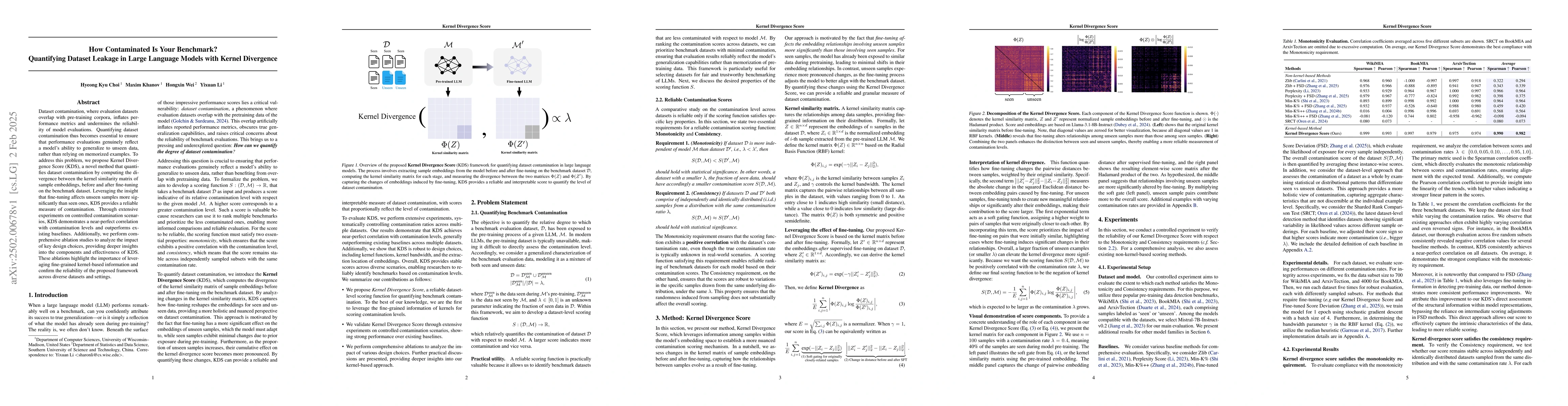 Thumbnail for How Contaminated Is Your Benchmark? Quantifying Dataset Leakage in Large
  Language Models with Kernel Divergence