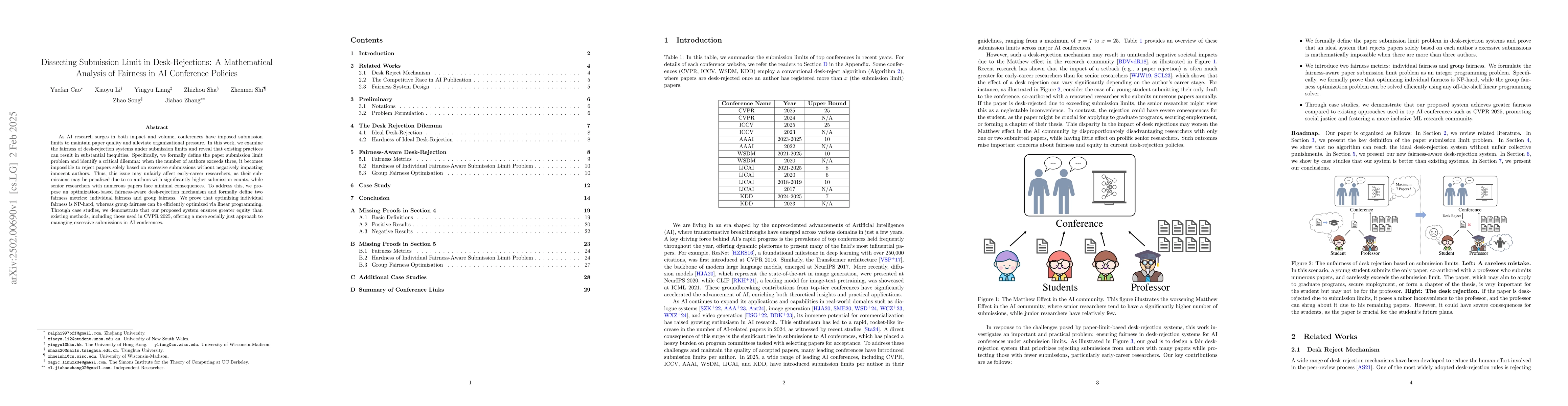 Thumbnail for Dissecting Submission Limit in Desk-Rejections: A Mathematical Analysis
  of Fairness in AI Conference Policies