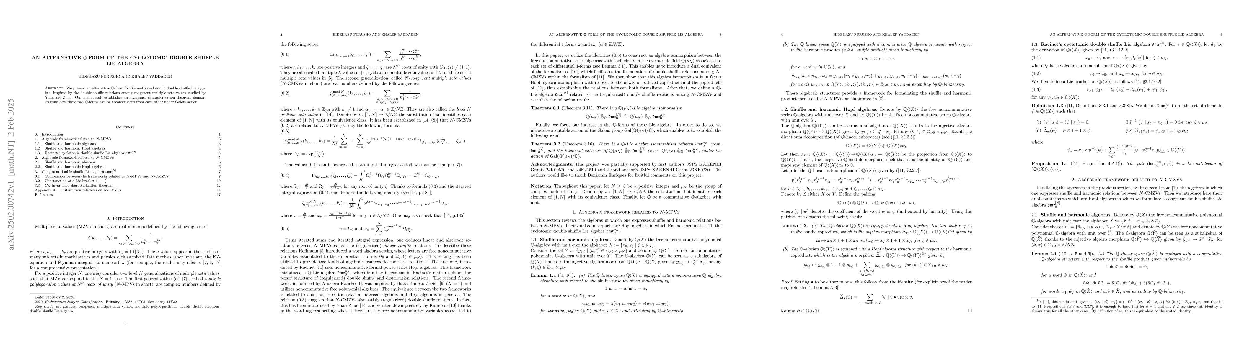Thumbnail for An alternative $\mathbb{Q}$-form of the cyclotomic double shuffle Lie
  algebra