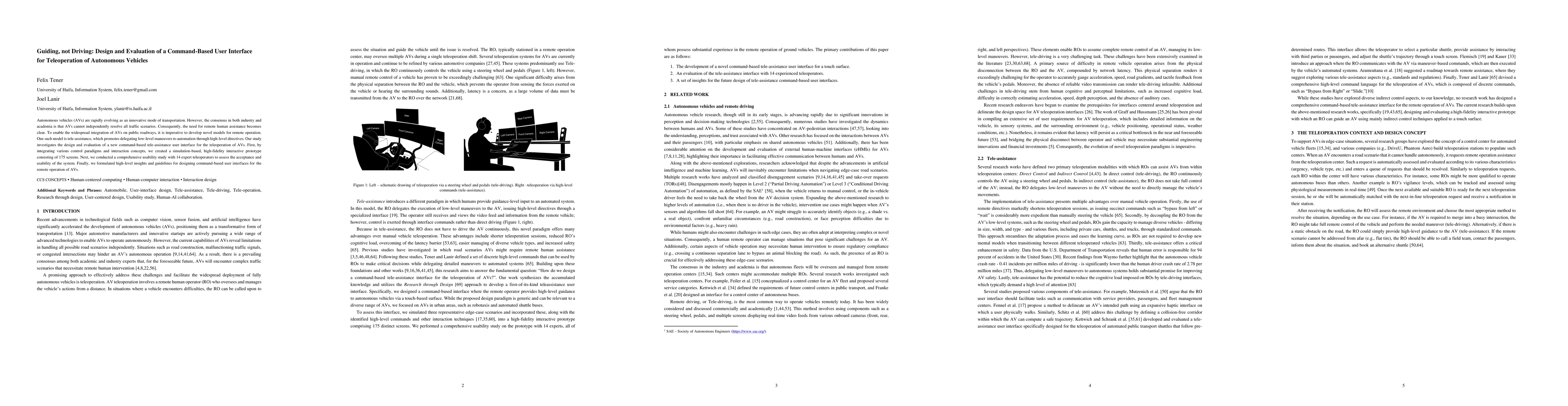 Thumbnail for Guiding, not Driving: Design and Evaluation of a Command-Based User
  Interface for Teleoperation of Autonomous Vehicles