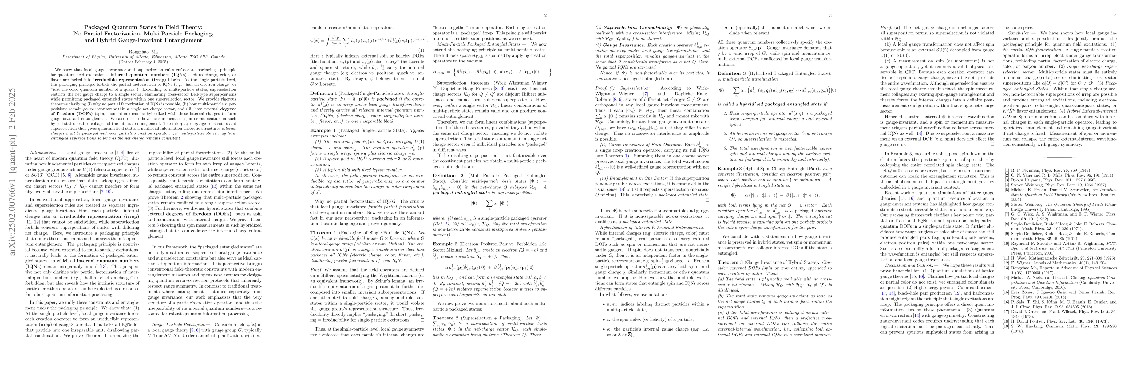 Thumbnail for Packaged Quantum States in Field Theory: No Partial Factorization,
  Multi-Particle Packaging, and Hybrid Gauge-Invariant Entanglement