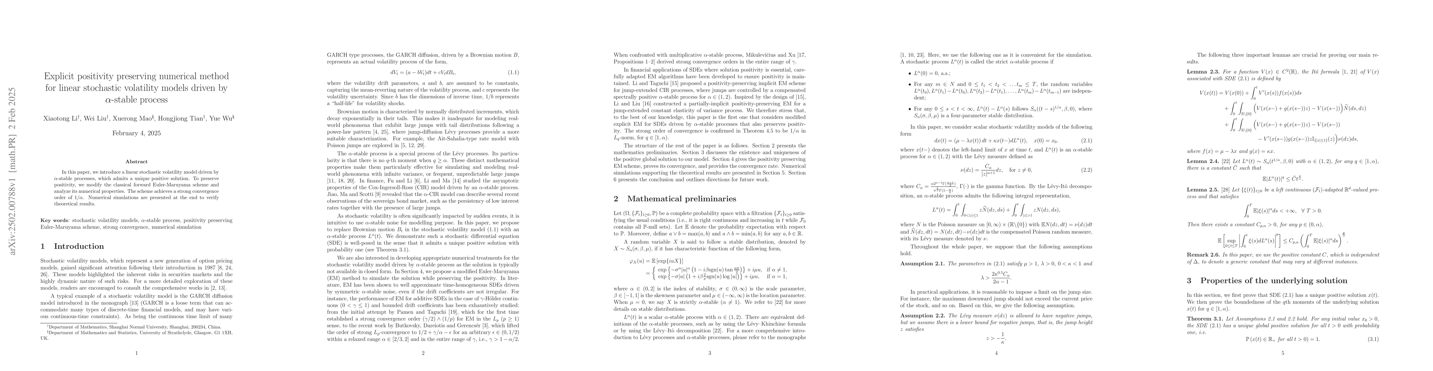 Thumbnail for Explicit positivity preserving numerical method for linear stochastic
  volatility models driven by $α$-stable process