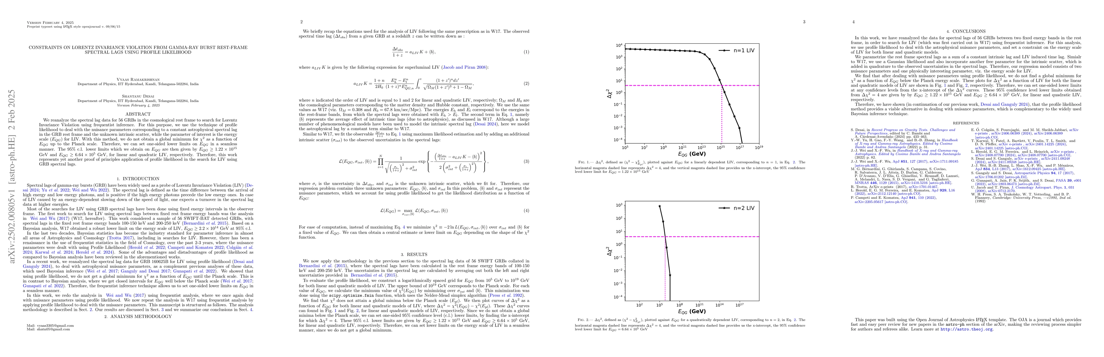 Thumbnail for Constraints on Lorentz Invariance Violation from Gamma-ray Burst
  rest-frame spectral lags using Profile Likelihood