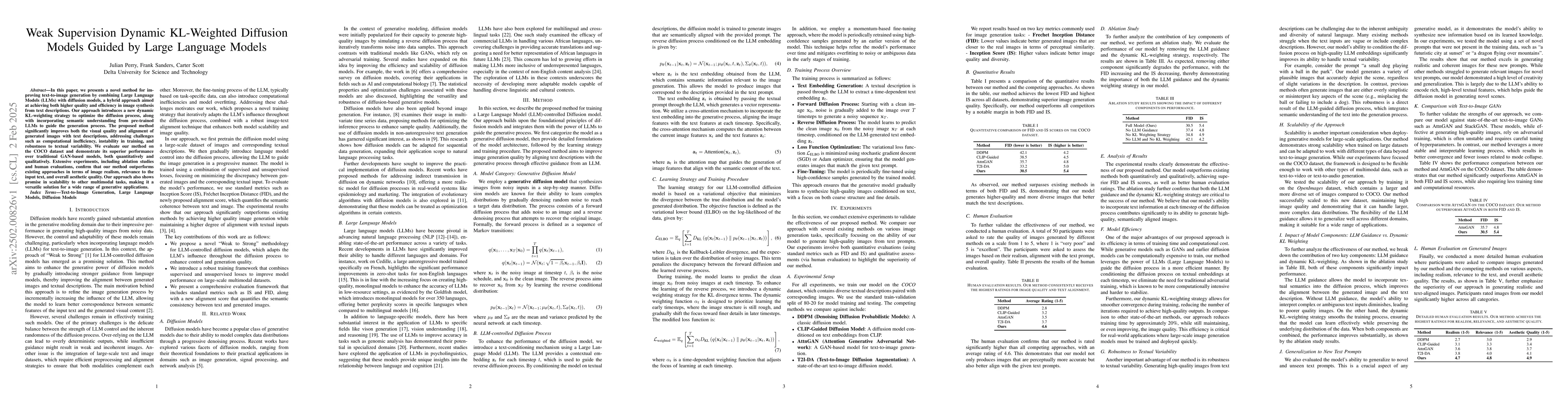 Thumbnail for Weak Supervision Dynamic KL-Weighted Diffusion Models Guided by Large
  Language Models