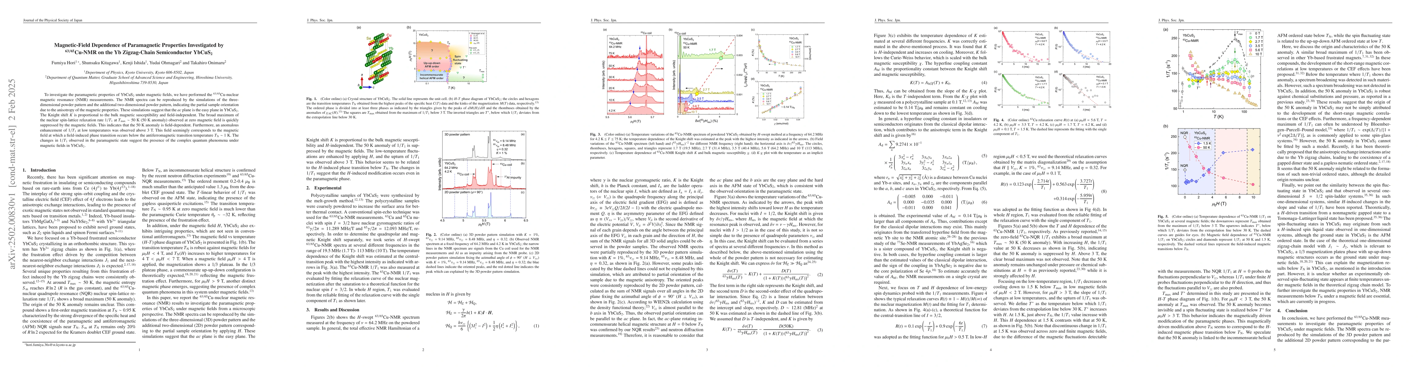 Thumbnail for Magnetic-Field Dependence of Paramagnetic Properties Investigated by
  63/65Cu-NMR on the Yb Zigzag-Chain Semiconductor YbCuS2