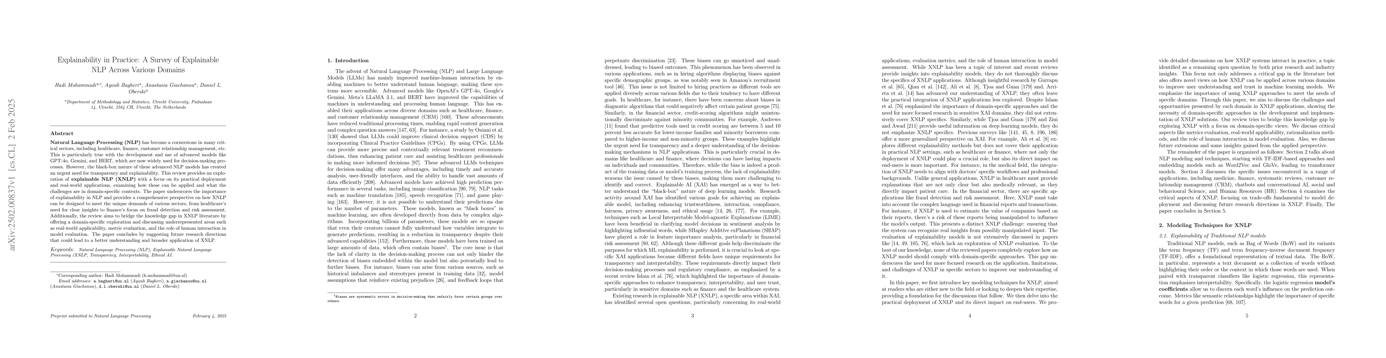 Thumbnail for Explainability in Practice: A Survey of Explainable NLP Across Various
  Domains