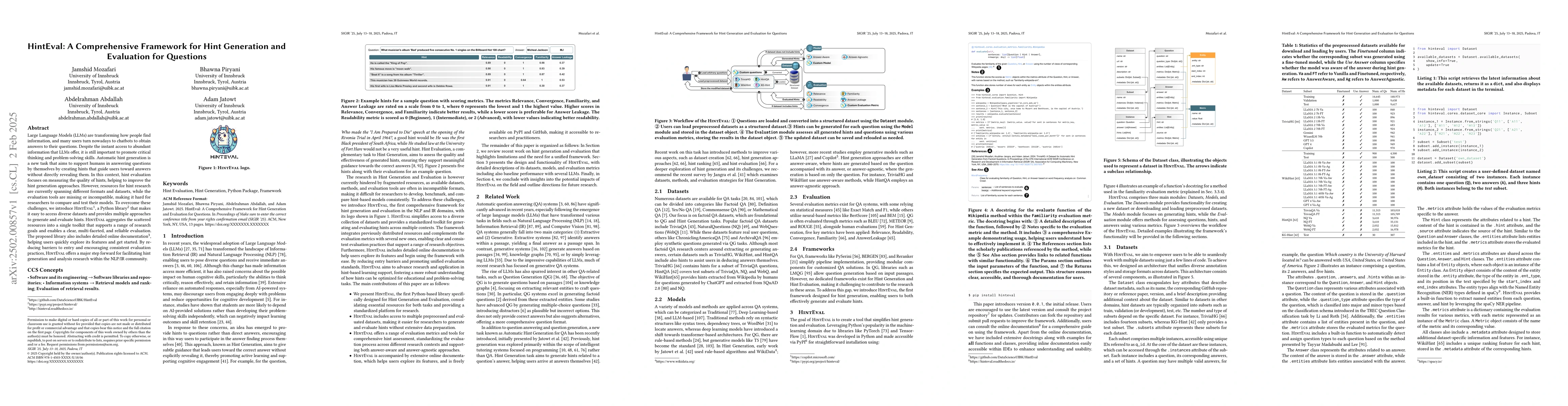 Thumbnail for HintEval: A Comprehensive Framework for Hint Generation and Evaluation
  for Questions