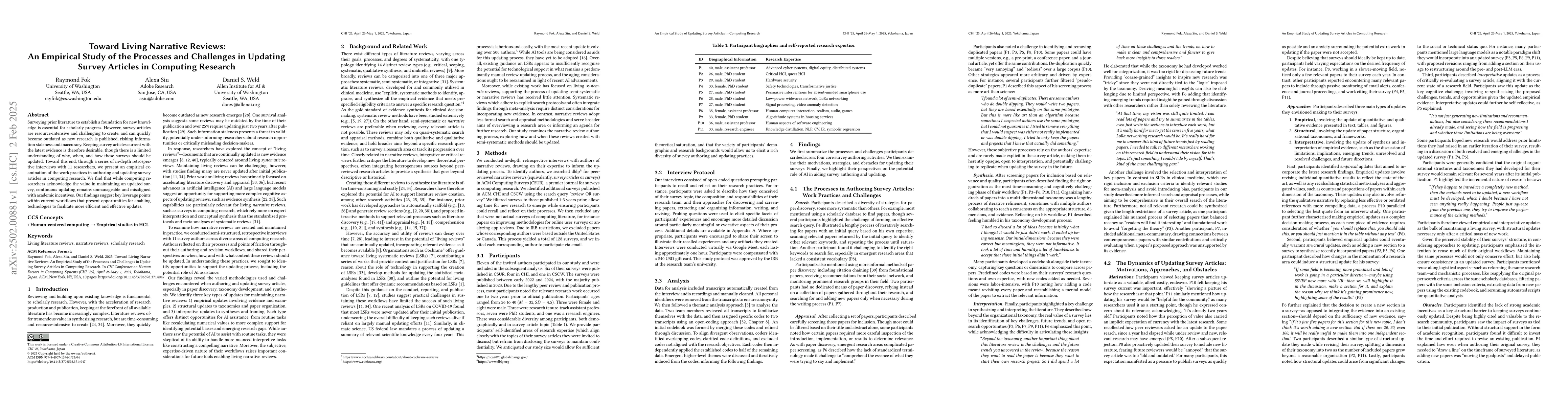 Thumbnail for Toward Living Narrative Reviews: An Empirical Study of the Processes and
  Challenges in Updating Survey Articles in Computing Research