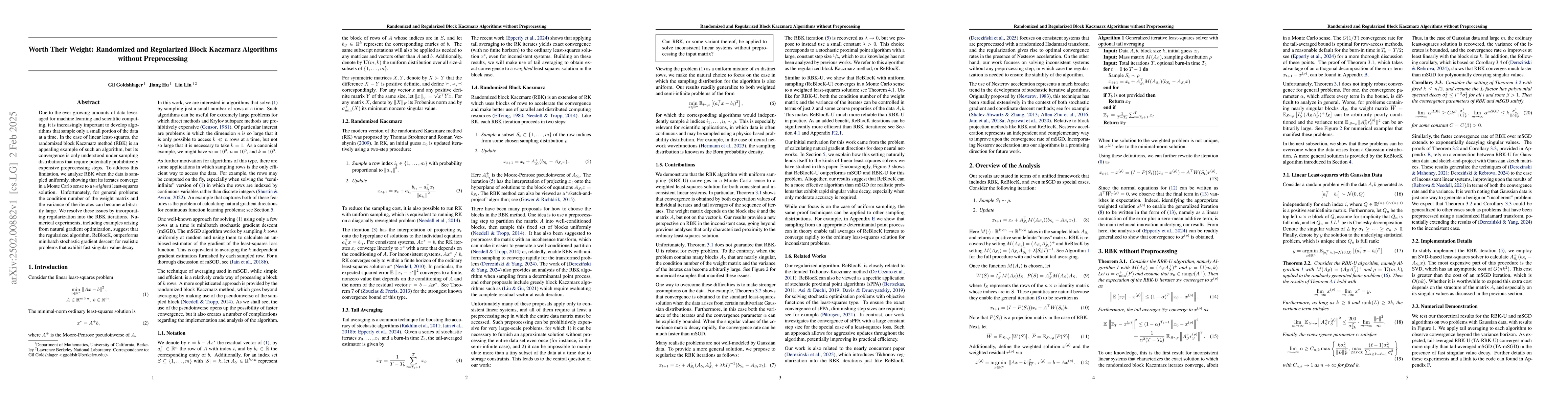 Thumbnail for Worth Their Weight: Randomized and Regularized Block Kaczmarz Algorithms
  without Preprocessing